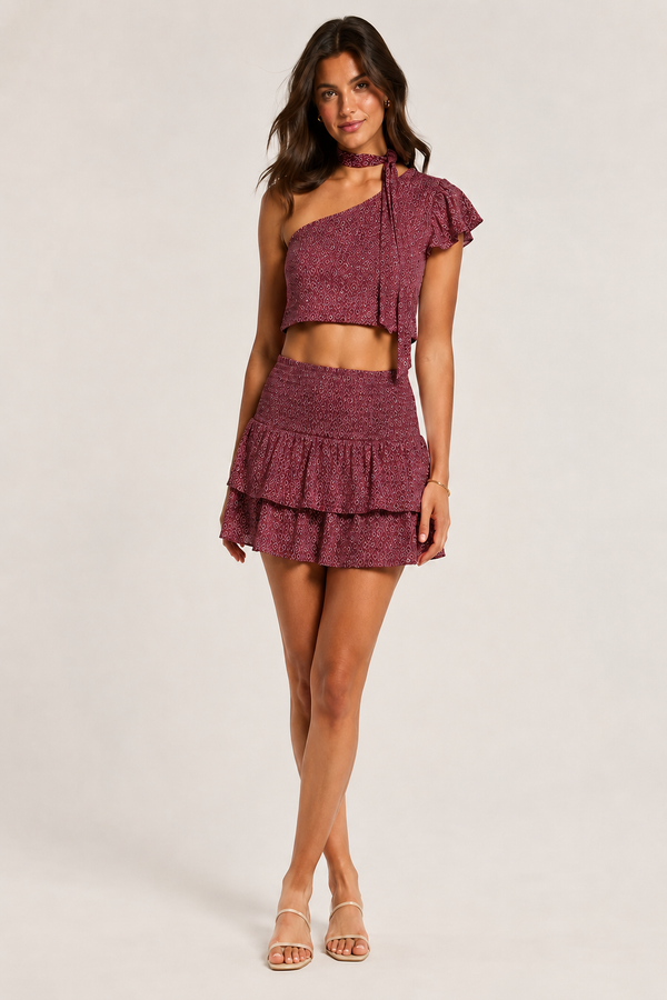 Conjunto Mujer Rosa Estampado Boho con Top Asimétrico y Mini Falda